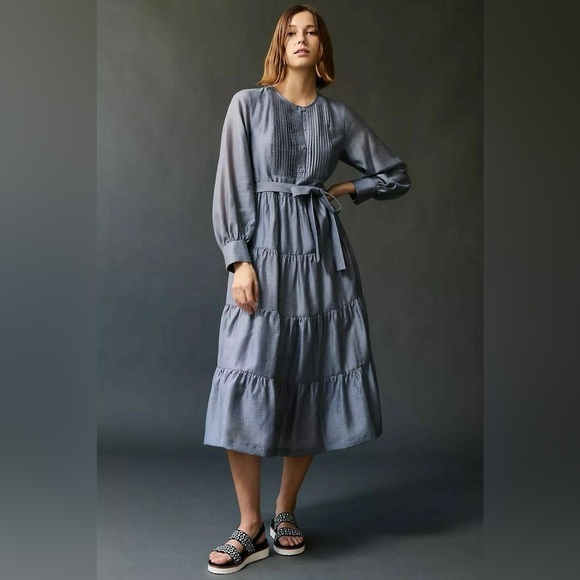 Anthropologie Dresses & Skirts - Anthropologie Slate Gray Tiered Midi Dress with Pintuck Bodice